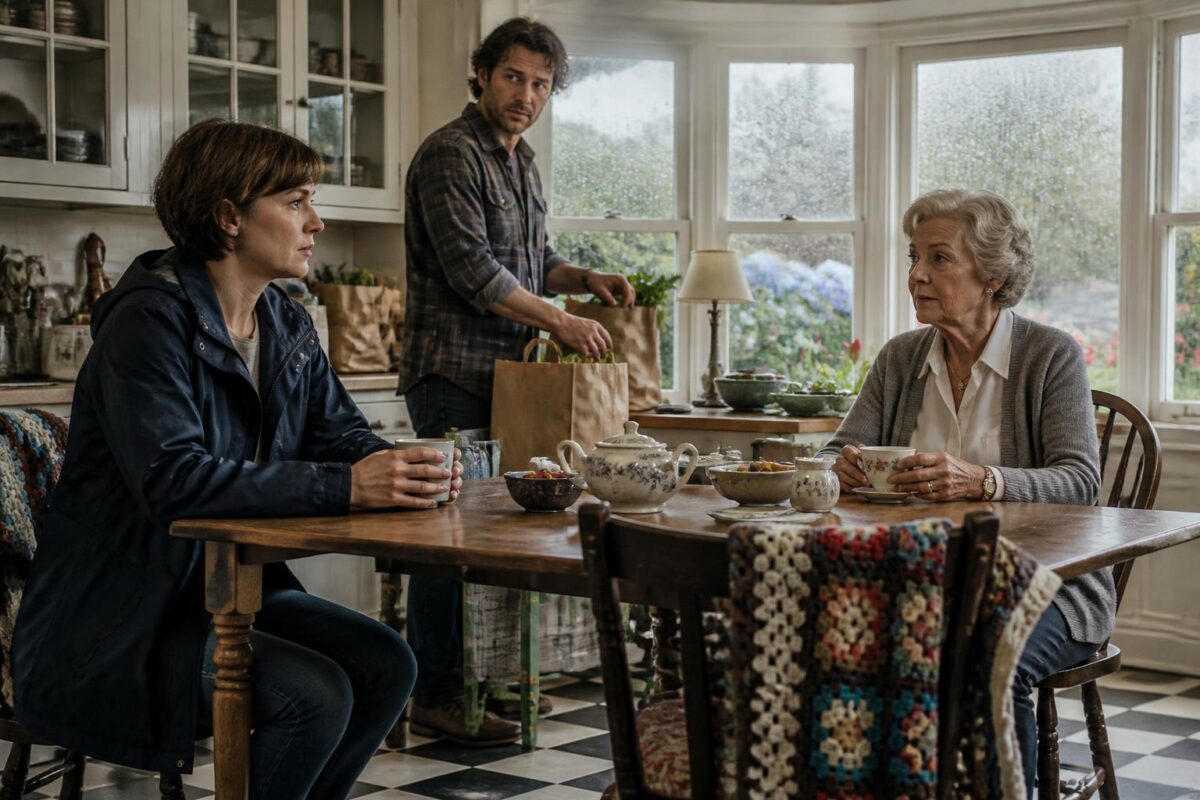 Three family members in a rain-lit Connecticut kitchen—the daughter anxious, the son quietly supportive, and the elderly mother proud yet weary—share quiet tension and hope as rain streaks the bay windows.