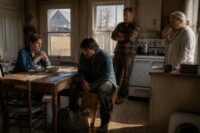 Four family members gather tensely in a sunlit farmhouse kitchen surrounded by hints of rural Wisconsin, with a sense of unresolved conflict and hope.