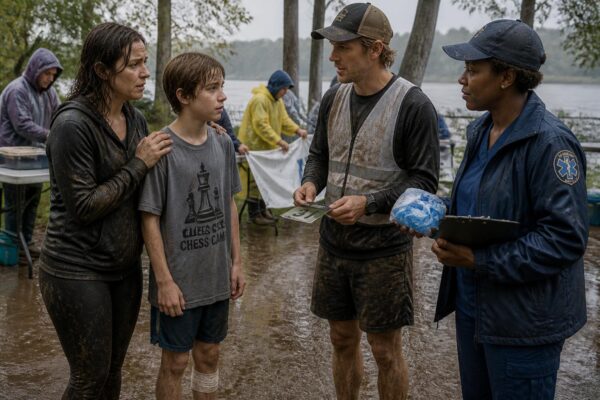 Four adults and a teen stand in muddy running gear at a rainy Missouri riverfront race, exchanging uncertain, supportive looks before the charity relay.