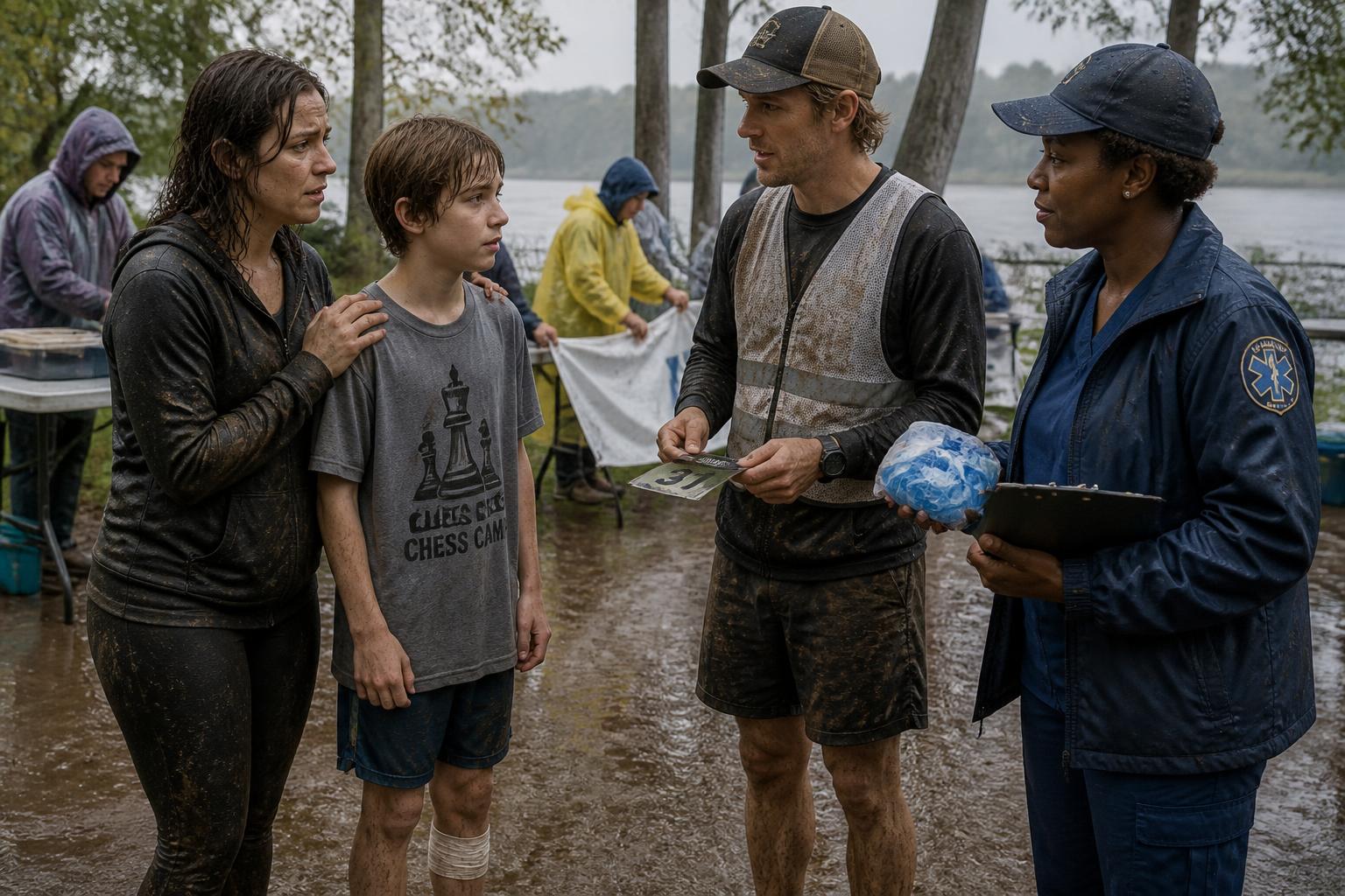 Four adults and a teen stand in muddy running gear at a rainy Missouri riverfront race, exchanging uncertain, supportive looks before the charity relay.