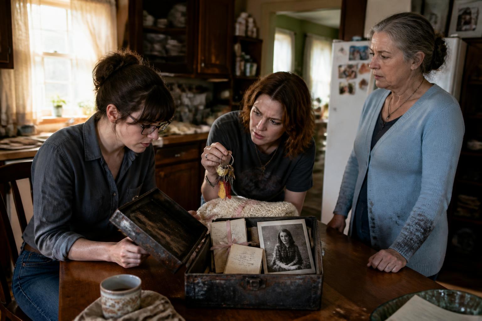 Three women—two sisters in their 30s and their older mother—gather tensely around a kitchen table, examining a scorched strongbox of old letters and keys in a sunlit, cluttered NY kitchen.