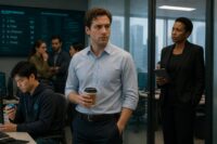 A tense tech office with a worried man clutching coffee, a sharp woman in a suit, a stressed developer, and a glowing performance leaderboard on the wall.