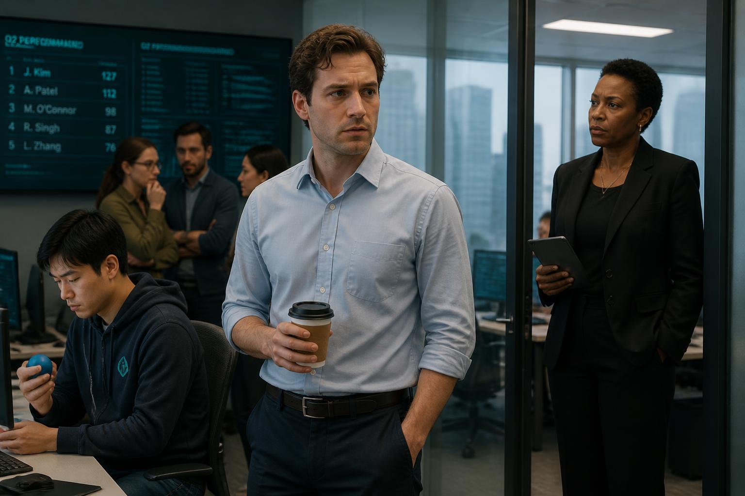 A tense tech office with a worried man clutching coffee, a sharp woman in a suit, a stressed developer, and a glowing performance leaderboard on the wall.