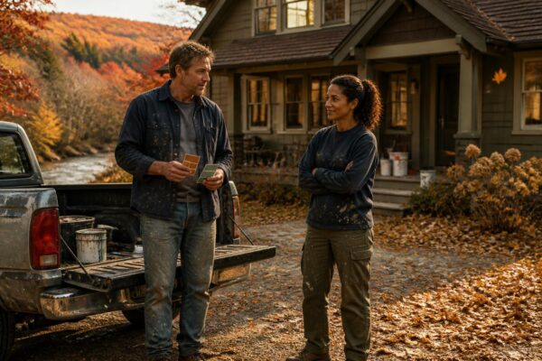In autumn light outside an old Ithaca house, a middle-aged man and woman stand together by a pickup truck, sharing a quiet, thoughtful moment amid paint cans and fallen leaves.
