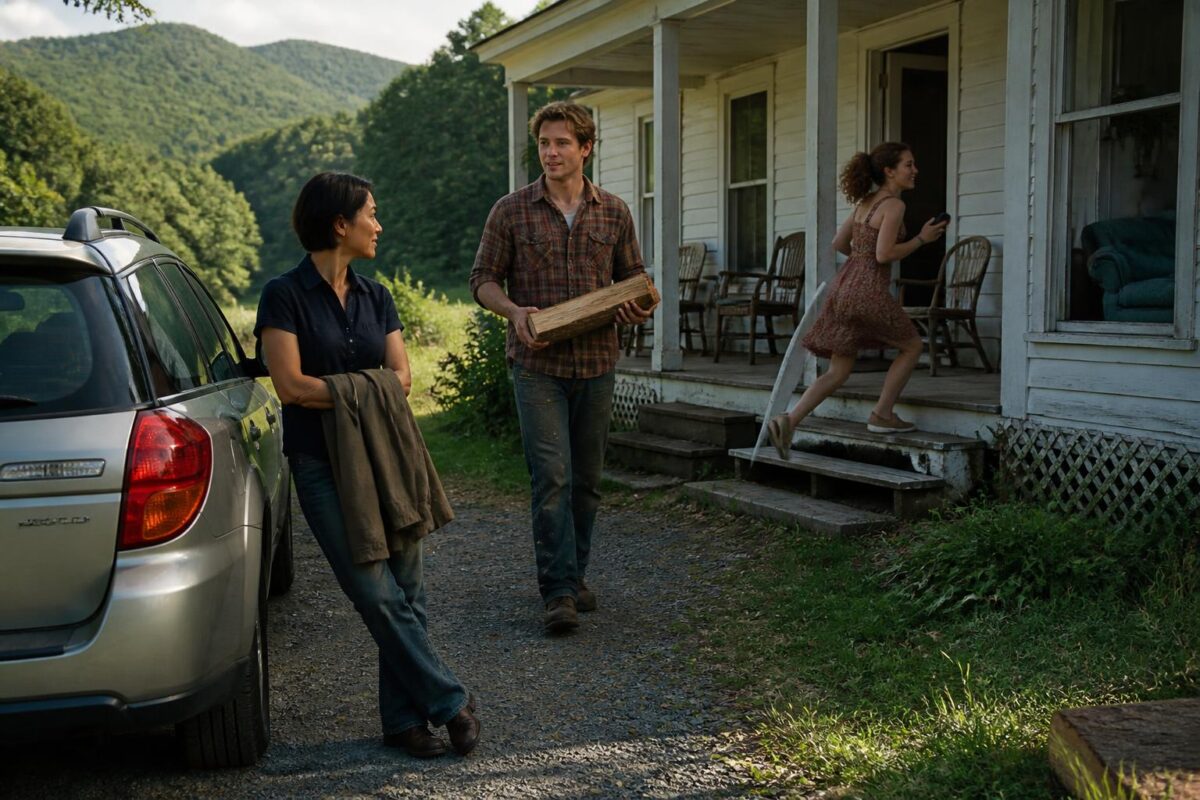 Three siblings arrive and reunite outside a weathered farmhouse near the Blue Ridge Mountains, evoking themes of family, secrets, and homecoming.