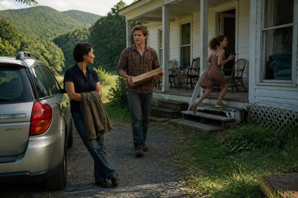 Three siblings arrive and reunite outside a weathered farmhouse near the Blue Ridge Mountains, evoking themes of family, secrets, and homecoming.