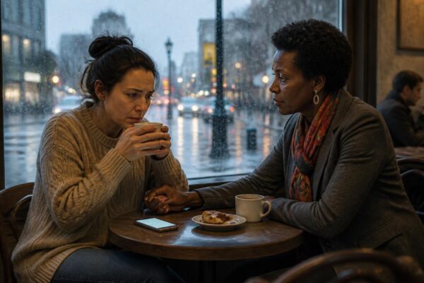 Lauren and Monica share a tense, comforting moment over coffee at a rainy Portland café window, Lauren visibly anxious and Monica supportive, with a phone open on the table.
