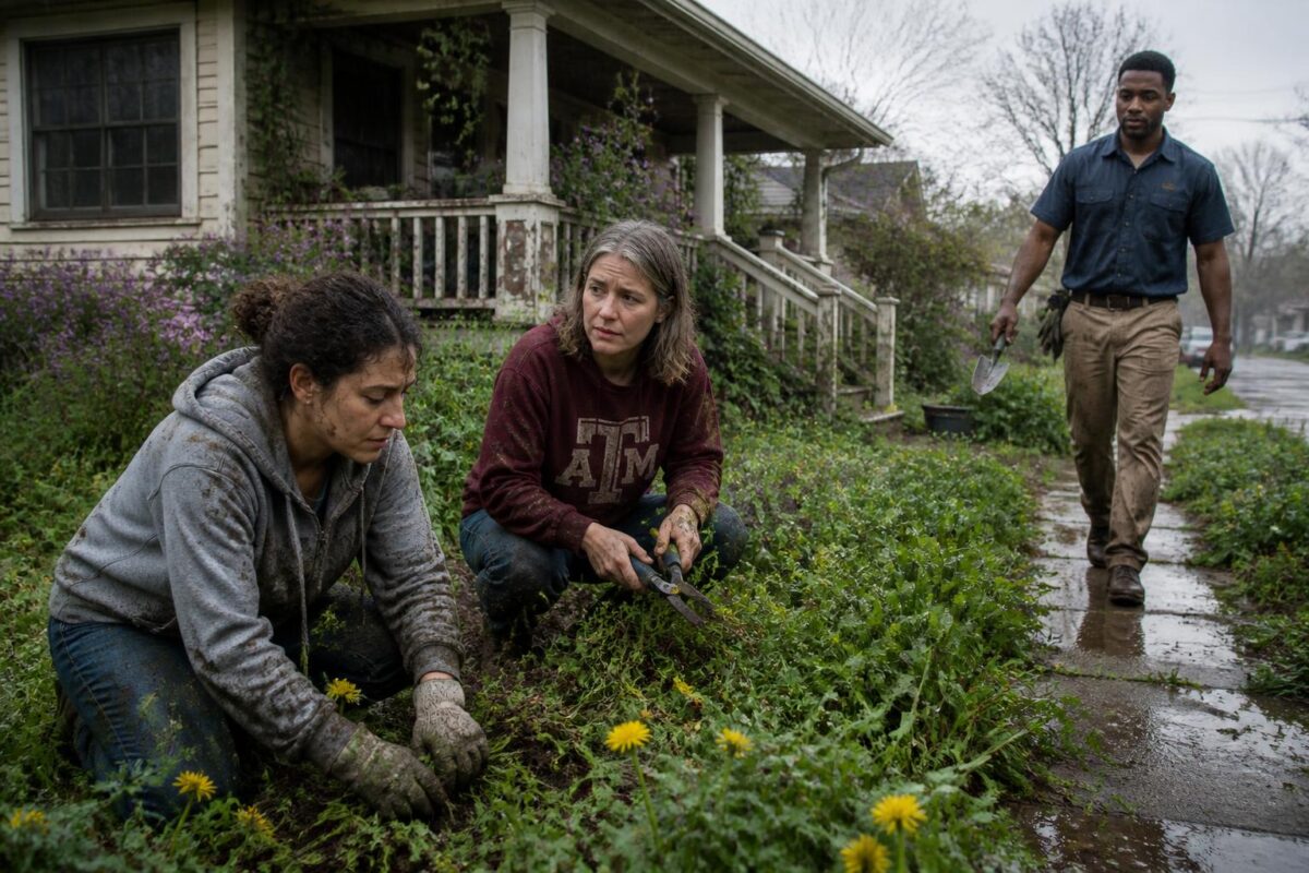 Three neighbors working together in a rain-damp Texas yard: two middle-aged women pulling weeds and a younger man approaching to help, surrounded by overgrown flowers and a weathered porch.