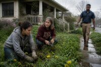 Three neighbors working together in a rain-damp Texas yard: two middle-aged women pulling weeds and a younger man approaching to help, surrounded by overgrown flowers and a weathered porch.