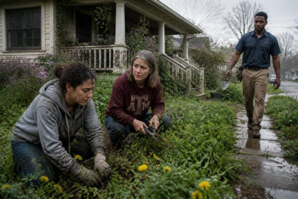 Three neighbors working together in a rain-damp Texas yard: two middle-aged women pulling weeds and a younger man approaching to help, surrounded by overgrown flowers and a weathered porch.