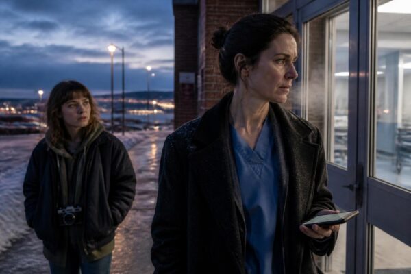 A weary woman in scrubs and coat stands outside a Duluth hospital at dusk, with a teenage girl nearby, beneath snowy skies and city lights by Lake Superior.