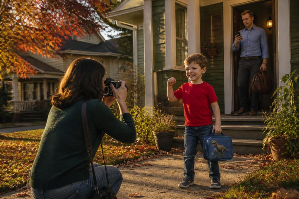 A Minneapolis porch in autumn sunlight: a woman kneels to photograph her grinning son with a lunchbox, while a man stands in the doorway behind them, checking his phone, autumn leaves on the sidewalk.