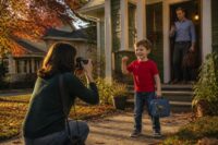 A Minneapolis porch in autumn sunlight: a woman kneels to photograph her grinning son with a lunchbox, while a man stands in the doorway behind them, checking his phone, autumn leaves on the sidewalk.