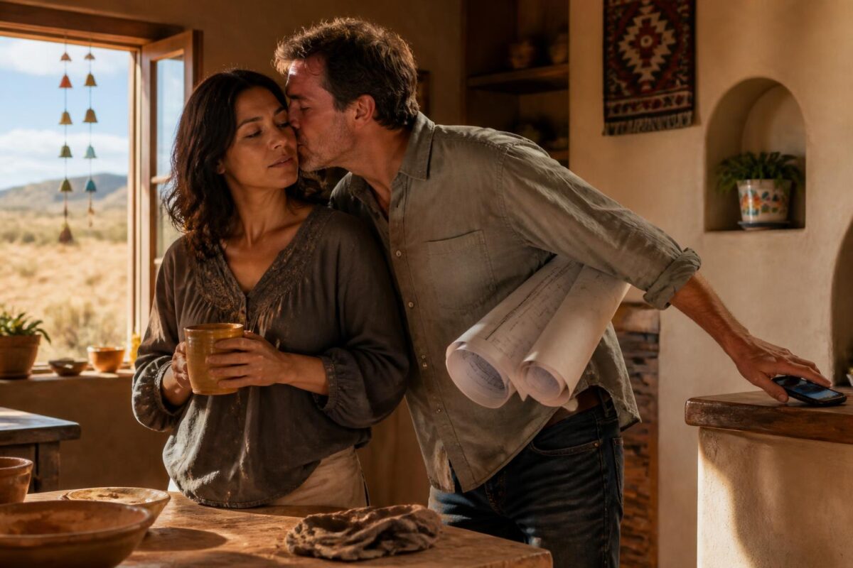 In a sunlit Santa Fe kitchen, Clara, a Latina potter in her late 30s, stands with a handmade mug as her husband Sean, a distracted architect in his early 40s, rushes past with blueprints and a phone, conveying warmth and tension.