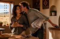 In a sunlit Santa Fe kitchen, Clara, a Latina potter in her late 30s, stands with a handmade mug as her husband Sean, a distracted architect in his early 40s, rushes past with blueprints and a phone, conveying warmth and tension.