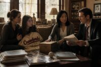 Four family members, tense yet connected, gather around a coffee table in a sunlit old house, with a treasured vintage baseball jersey at the center.