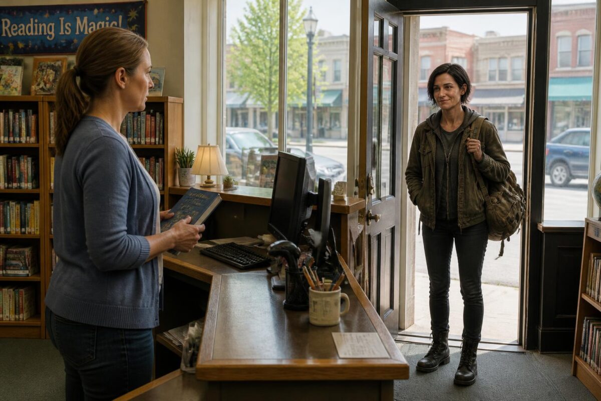 Two women, one behind a library desk and one entering the door with a backpack, meet each other's eyes in a small-town library.