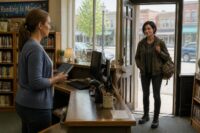 Two women, one behind a library desk and one entering the door with a backpack, meet each other's eyes in a small-town library.