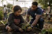 Jamie and Malik, muddy and tired, work side by side in a storm-battered Durham community garden, replanting together as neighbors help in the background.